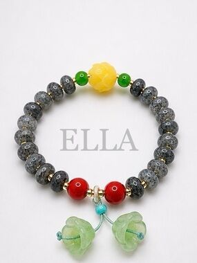 Grey Beaded Bracelet with Multicolor Accents & Charms | Jade Style Stretch Stack